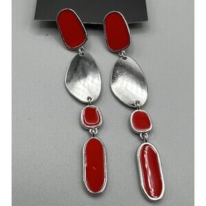 Jewelry Earrings Dangle 3" Silver Tone Plate Skewed disks Red Acrylic Inlay